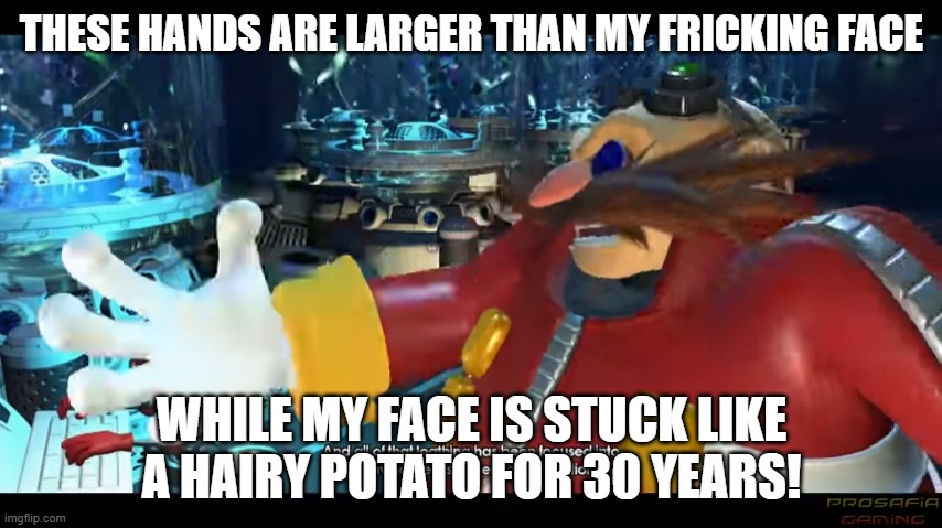 Poor Eggman | THESE HANDS ARE LARGER THAN MY FRICKING FACE; WHILE MY FACE IS STUCK LIKE A HAIRY POTATO FOR 30 YEARS! | image tagged in eggman | made w/ Imgflip meme maker