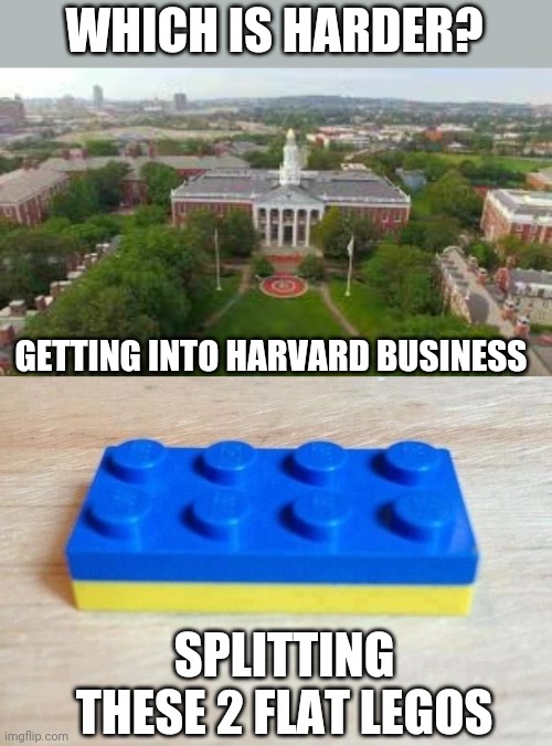 WHICH IS HARDER? GETTING INTO HARVARD BUSINESS; SPLITTING THESE 2 FLAT LEGOS | image tagged in funny memes | made w/ Imgflip meme maker