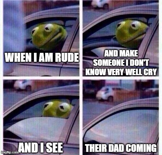 Kermit Car Window | AND MAKE SOMEONE I DON'T KNOW VERY WELL CRY; WHEN I AM RUDE; THEIR DAD COMING; AND I SEE | image tagged in kermit car window | made w/ Imgflip meme maker