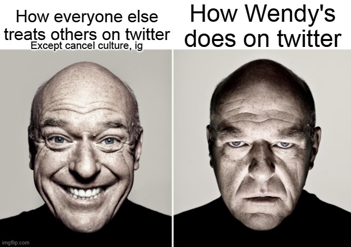 Dean Norris's reaction | How Wendy's does on twitter; How everyone else treats others on twitter; Except cancel culture, ig | image tagged in dean norris's reaction | made w/ Imgflip meme maker