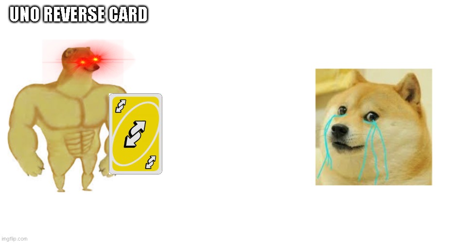buff cheems vs doge | UNO REVERSE CARD | image tagged in buff cheems vs crying doge | made w/ Imgflip meme maker