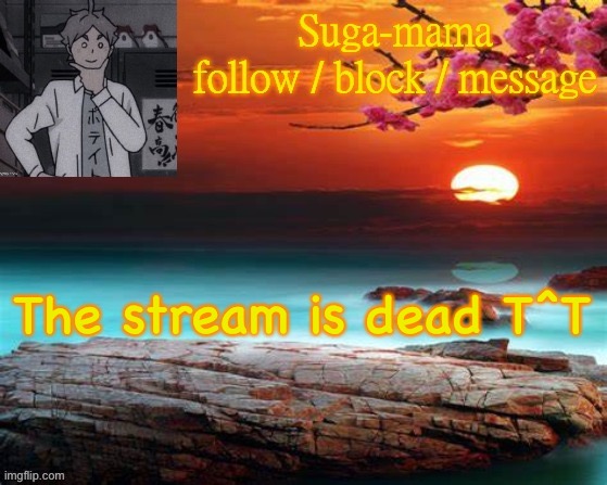 Suga-mama (thanks baymax for the temp) | The stream is dead T^T | image tagged in suga-mama thanks baymax for the temp | made w/ Imgflip meme maker