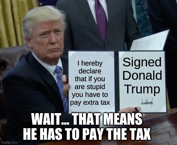 Trump on a daily basis | Signed Donald Trump; I hereby declare that if you are stupid you have to pay extra tax; WAIT... THAT MEANS HE HAS TO PAY THE TAX | image tagged in memes,trump bill signing | made w/ Imgflip meme maker