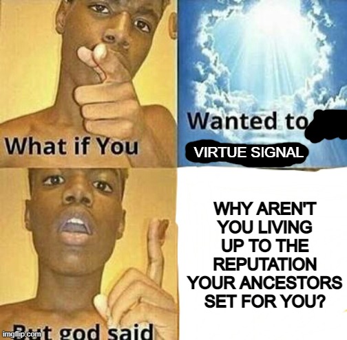 What if you wanted to go to Heaven | WHY AREN'T YOU LIVING UP TO THE REPUTATION YOUR ANCESTORS SET FOR YOU? VIRTUE SIGNAL | image tagged in what if you wanted to go to heaven | made w/ Imgflip meme maker