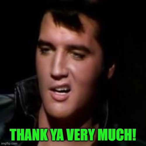 Elvis, thank you | THANK YA VERY MUCH! | image tagged in elvis thank you | made w/ Imgflip meme maker