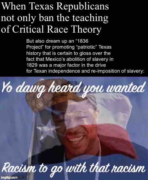 Texas seeks to lead the nation in teaching Racist History 101 | image tagged in texas,history,scumbag,xzibit,historical meme,racism | made w/ Imgflip meme maker