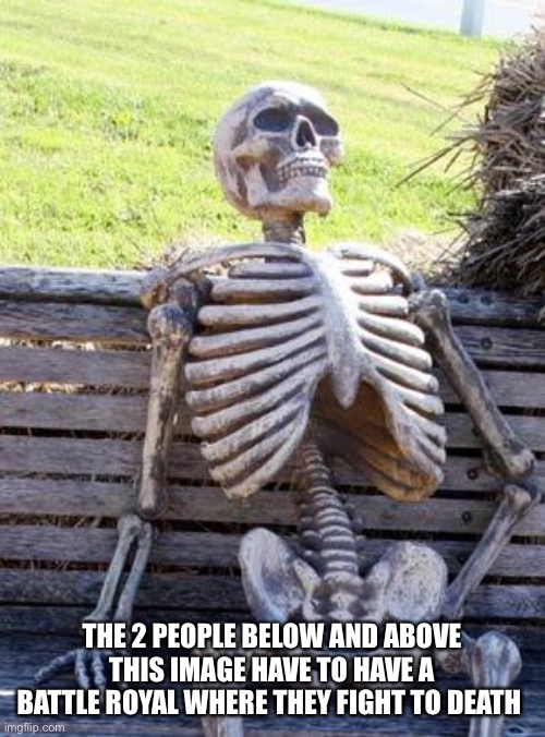 Waiting Skeleton | THE 2 PEOPLE BELOW AND ABOVE THIS IMAGE HAVE TO HAVE A BATTLE ROYAL WHERE THEY FIGHT TO DEATH | image tagged in memes,waiting skeleton | made w/ Imgflip meme maker