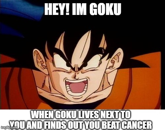 alalalodfqaored | HEY! IM GOKU; WHEN GOKU LIVES NEXT TO YOU AND FINDS OUT YOU BEAT CANCER | image tagged in memes,crosseyed goku | made w/ Imgflip meme maker