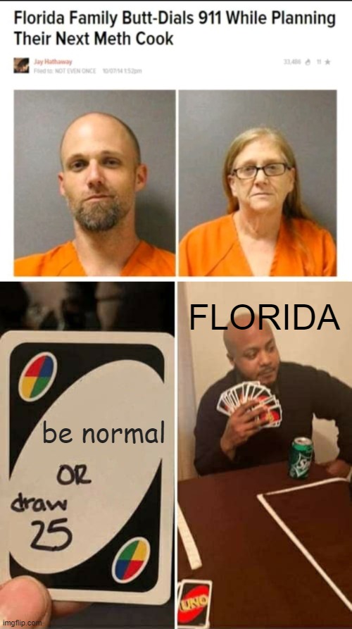 Oh Florida, where would we be without you | FLORIDA; be normal | image tagged in memes,uno draw 25 cards,florida,funny memes,florida man,police | made w/ Imgflip meme maker
