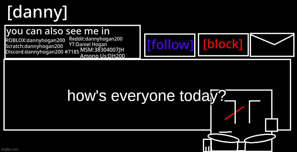 [danny] Announcement Template | how's everyone today? | image tagged in danny announcement template | made w/ Imgflip meme maker