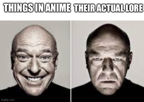 anime logic | THEIR ACTUAL LORE; THINGS IN ANIME | image tagged in guy smiling guy frowning | made w/ Imgflip meme maker