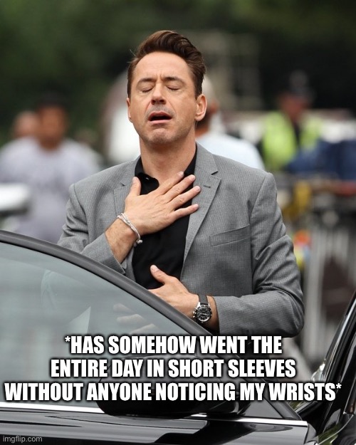 *WHEEZING* | *HAS SOMEHOW WENT THE ENTIRE DAY IN SHORT SLEEVES WITHOUT ANYONE NOTICING MY WRISTS* | image tagged in relief | made w/ Imgflip meme maker