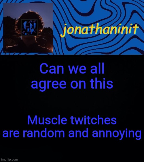 just jonathaninit 3.0 | Can we all agree on this; Muscle twitches are random and annoying | image tagged in just jonathaninit 3 0 | made w/ Imgflip meme maker