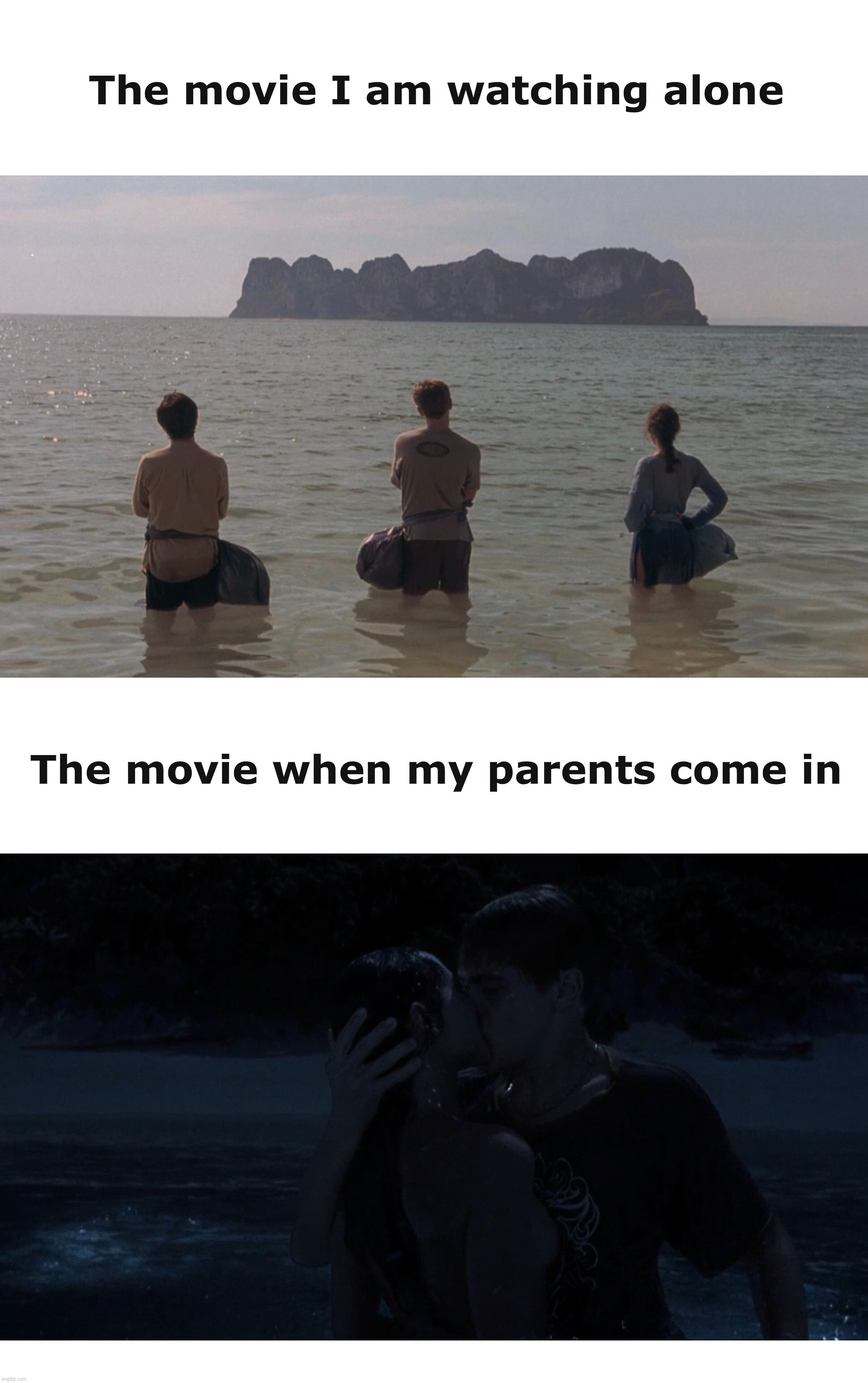The Movie Meme | The movie I am watching alone; The movie when my parents come in | image tagged in the movie memes,the beach,heaven,movies | made w/ Imgflip meme maker