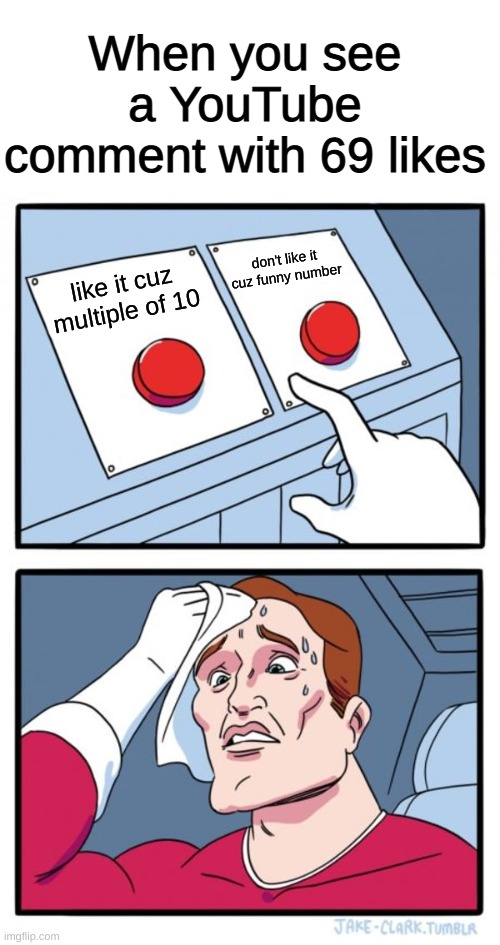 the hardest decision of your life | When you see a YouTube comment with 69 likes; don't like it cuz funny number; like it cuz multiple of 10 | image tagged in memes,two buttons | made w/ Imgflip meme maker