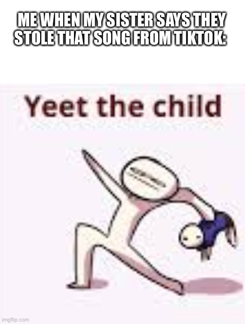 single yeet the child panel | ME WHEN MY SISTER SAYS THEY STOLE THAT SONG FROM TIKTOK: | image tagged in single yeet the child panel | made w/ Imgflip meme maker