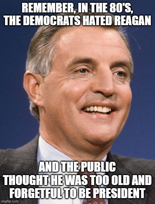 Walter Mondale | REMEMBER, IN THE 80'S, THE DEMOCRATS HATED REAGAN AND THE PUBLIC THOUGHT HE WAS TOO OLD AND FORGETFUL TO BE PRESIDENT | image tagged in walter mondale | made w/ Imgflip meme maker