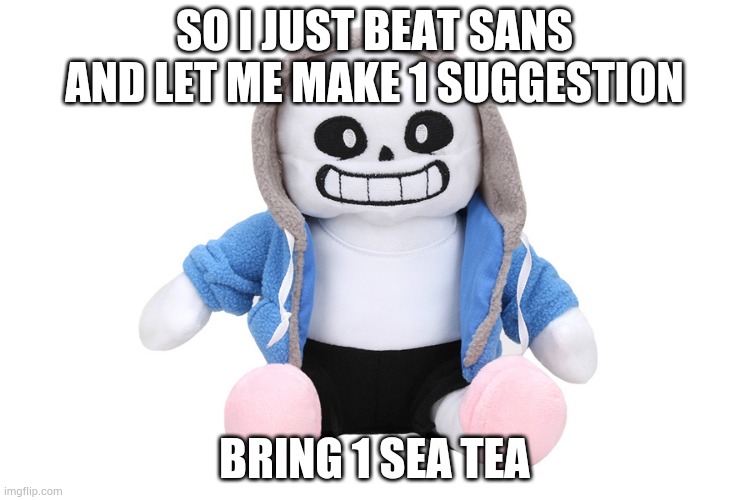 Sans Undertale | SO I JUST BEAT SANS AND LET ME MAKE 1 SUGGESTION; BRING 1 SEA TEA | image tagged in sans undertale | made w/ Imgflip meme maker