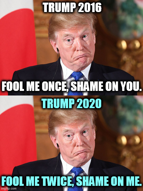 Trump 2024, only if the Constitution is shredded and democracy is overthrown. | TRUMP 2016; FOOL ME ONCE, SHAME ON YOU. TRUMP 2020; FOOL ME TWICE, SHAME ON ME. | image tagged in trump dumbfounded corrected,trump dumbfounded,trump,shame,disgrace | made w/ Imgflip meme maker