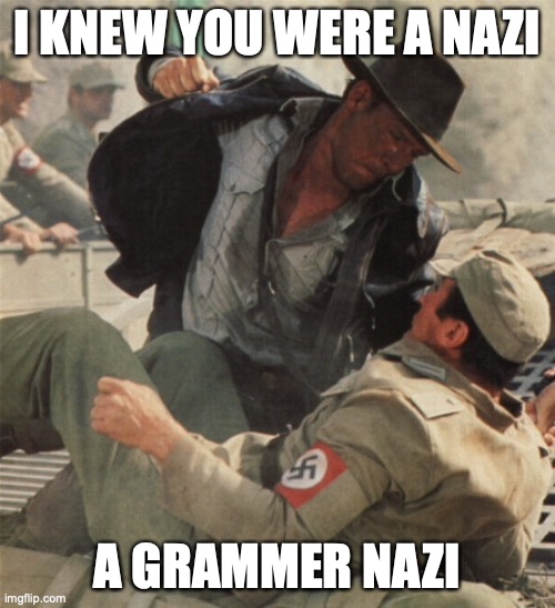 Indiana Jones Punching Nazis | I KNEW YOU WERE A NAZI A GRAMMER NAZI | image tagged in indiana jones punching nazis | made w/ Imgflip meme maker
