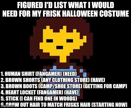 Undertale Frisk | FIGURED I'D LIST WHAT I WOULD NEED FOR MY FRISK HALLOWEEN COSTUME; 1. HUMAN SHIRT (FANGAMER) (NEED)
2. BROWN SHORTS (ANY CLOTHING STORE) (HAVE)
3. BROWN BOOTS (CAMP/SHOE STORE) (GETTING FOR CAMP)
4. HEART LOCKET (FANGAMER) (HAVE)
5. STICK (I CAN FIND ONE IN WOODS)
6. GROW OUT HAIR TO MATCH FRISKS HAIR (STARTING NOW) | image tagged in undertale frisk | made w/ Imgflip meme maker