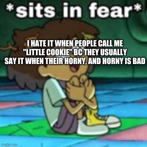 just something i hate bc yes | I HATE IT WHEN PEOPLE CALL ME "LITTLE COOKIE" BC THEY USUALLY SAY IT WHEN THEIR HORNY, AND HORNY IS BAD | image tagged in sits in fear | made w/ Imgflip meme maker