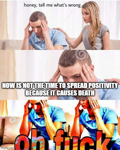honey whats wrong | NOW IS NOT THE TIME TO SPREAD POSITIVITY
BECAUSE IT CAUSES DEATH | image tagged in honey whats wrong | made w/ Imgflip meme maker