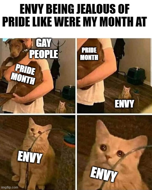 Envy being jealous of pride like were my month | ENVY BEING JEALOUS OF PRIDE LIKE WERE MY MONTH AT; GAY PEOPLE; PRIDE MONTH; PRIDE MONTH; ENVY; ENVY; ENVY | image tagged in sad cat holding dog,memes,pride month | made w/ Imgflip meme maker