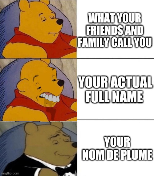 What's my name again? | WHAT YOUR FRIENDS AND FAMILY CALL YOU; YOUR ACTUAL FULL NAME; YOUR NOM DE PLUME | image tagged in best better blurst | made w/ Imgflip meme maker