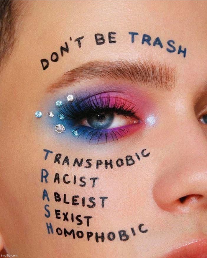 Don’t be trash! | image tagged in don t be trash,dont,be,trash,homophobia,transphobic | made w/ Imgflip meme maker