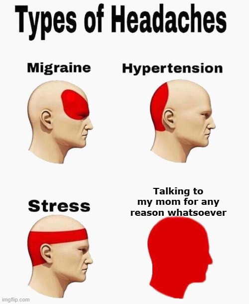 Headaches | Talking to my mom for any reason whatsoever | image tagged in headaches | made w/ Imgflip meme maker