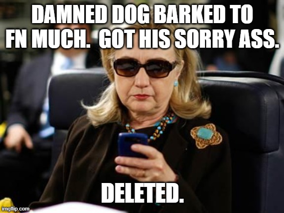 Hillary Clinton Cellphone Meme | DAMNED DOG BARKED TO FN MUCH.  GOT HIS SORRY ASS. DELETED. | image tagged in memes,hillary clinton cellphone | made w/ Imgflip meme maker