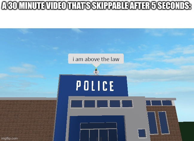 I am above the law | A 30 MINUTE VIDEO THAT’S SKIPPABLE AFTER 5 SECONDS: | image tagged in i am above the law | made w/ Imgflip meme maker