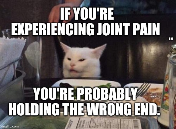 Salad cat | IF YOU'RE EXPERIENCING JOINT PAIN; J M; YOU'RE PROBABLY HOLDING THE WRONG END. | image tagged in salad cat | made w/ Imgflip meme maker