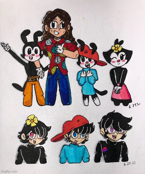 Here’s the drawing I did yesterday, just with better lighting. Also with some new drawings of human versions of the Warner Sibs. | image tagged in animaniacs,fanart,human,crossover,drawings | made w/ Imgflip meme maker