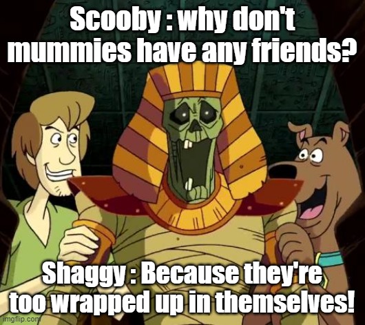 mummies don't have any friends | Scooby : why don't mummies have any friends? Shaggy : Because they're too wrapped up in themselves! | image tagged in scooby doo | made w/ Imgflip meme maker