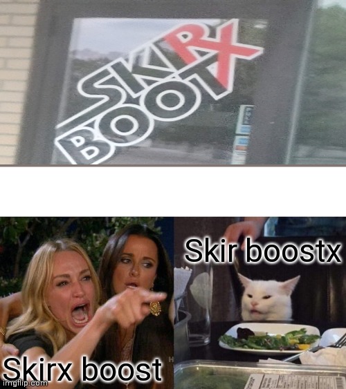 Woman Yelling At Cat Meme | Skir boostx; Skirx boost | image tagged in memes,woman yelling at cat | made w/ Imgflip meme maker