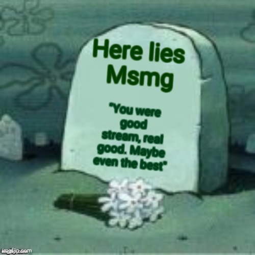 Here Lies X | Here lies 
Msmg; "You were good stream, real good. Maybe even the best" | image tagged in here lies x | made w/ Imgflip meme maker