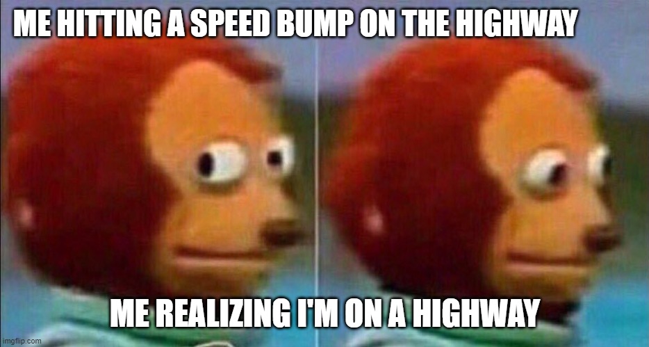 Monkey looking away | ME HITTING A SPEED BUMP ON THE HIGHWAY; ME REALIZING I'M ON A HIGHWAY | image tagged in monkey looking away | made w/ Imgflip meme maker