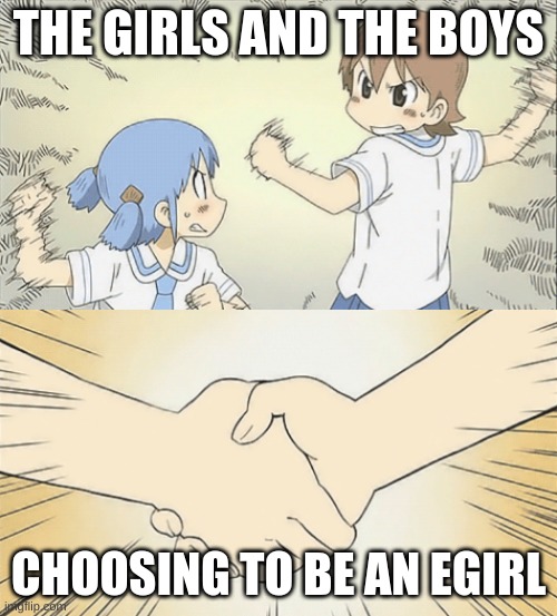 EgirlBoys | THE GIRLS AND THE BOYS; CHOOSING TO BE AN EGIRL | image tagged in nichijou agree | made w/ Imgflip meme maker