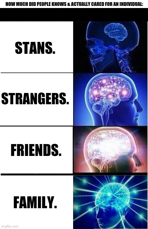 Expanding Brain | HOW MUCH DID PEOPLE KNOWS & ACTUALLY CARED FOR AN INDIVIDUAL:; STANS. STRANGERS. FRIENDS. FAMILY. | image tagged in memes,expanding brain,stalker girl | made w/ Imgflip meme maker