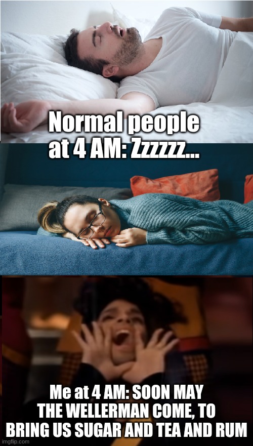 Me at 4 AM |  Normal people at 4 AM: Zzzzzz... Me at 4 AM: SOON MAY THE WELLERMAN COME, TO BRING US SUGAR AND TEA AND RUM | image tagged in everyone sleeping but me at 4am,4 am,singing | made w/ Imgflip meme maker