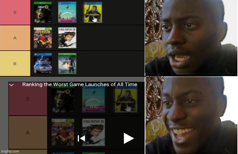 image tagged in disappointed black guy,gaming,cyberpunk,no man's sky,fallout 76 | made w/ Imgflip meme maker