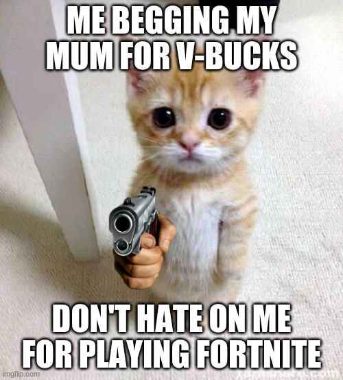 Cute Cat Meme | ME BEGGING MY MUM FOR V-BUCKS; DON'T HATE ON ME FOR PLAYING FORTNITE | image tagged in memes,cute cat | made w/ Imgflip meme maker