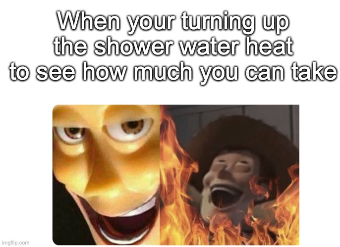 Feel the burn | When your turning up the shower water heat to see how much you can take | image tagged in satanic woody | made w/ Imgflip meme maker