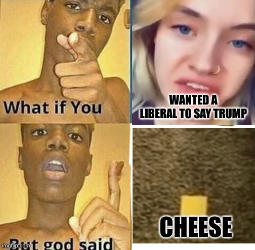 Is god lactose intolerant? | WANTED A LIBERAL TO SAY TRUMP; CHEESE | image tagged in what if you wanted to go to heaven,cheese | made w/ Imgflip meme maker