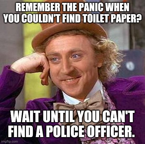 Remember, you're on your own. | REMEMBER THE PANIC WHEN YOU COULDN'T FIND TOILET PAPER? WAIT UNTIL YOU CAN'T FIND A POLICE OFFICER. | image tagged in memes | made w/ Imgflip meme maker