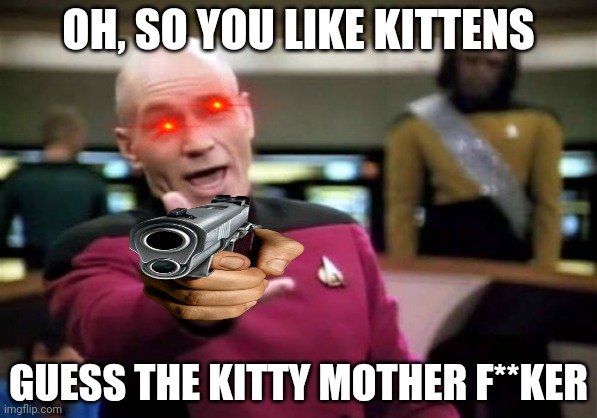 This was supposed to be made yesterday but I was busy | OH, SO YOU LIKE KITTENS; GUESS THE KITTY MOTHER F**KER | image tagged in memes,picard wtf | made w/ Imgflip meme maker