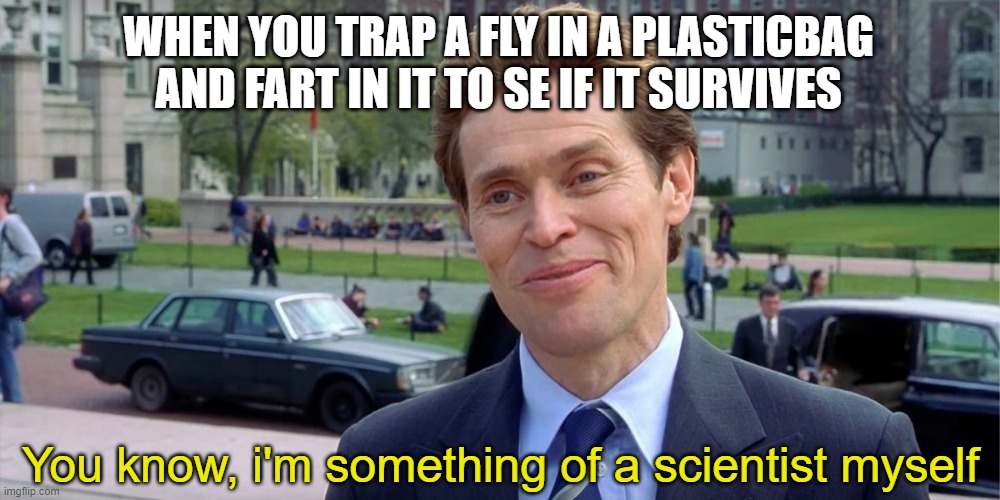 Science! | WHEN YOU TRAP A FLY IN A PLASTICBAG AND FART IN IT TO SE IF IT SURVIVES; You know, i'm something of a scientist myself | image tagged in you know i'm something of a scientist myself | made w/ Imgflip meme maker
