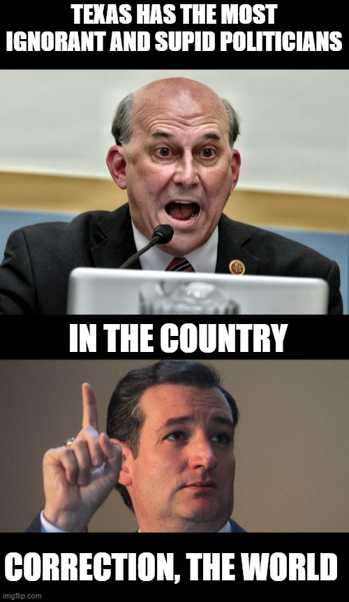 He seriously asked this, see comment | TEXAS HAS THE MOST IGNORANT AND SUPID POLITICIANS; IN THE COUNTRY; CORRECTION, THE WORLD | image tagged in louis gohmert the man without a brain,ted cruz,stupid,climate change,texas,politics | made w/ Imgflip meme maker